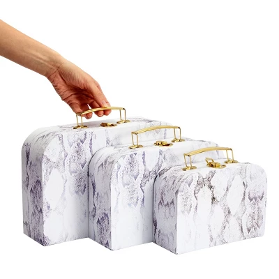 Set Of 3 Different Sizes Of Paperboard Suitcases With Metal Handles, Decorative Cardboard Storage Boxes, Snakeskin Print 2 Set Of 3 Different Sizes Of Paperboard Suitcases With Metal Handles, Decorative Cardboard Storage Boxes, Snakeskin Print - Image 2