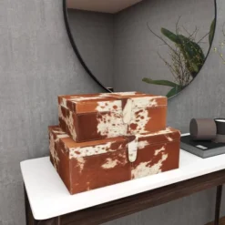 Set Of 2 Cowhide Leather Decorative Boxes Brown/White - Olivia & May -IRIS Storage Deals Store GUEST 85256fd8 3183 4b0b bbe7 a4e6b05b22ff