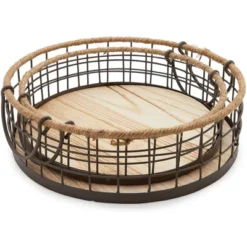 Juvale 2 Pack Round Wooden Wire Basket Trays With Handles, Farmhouse Decor (2 Sizes) -IRIS Storage Deals Store GUEST 8625c1e1 0979 4a09 9a67 a77a50771638