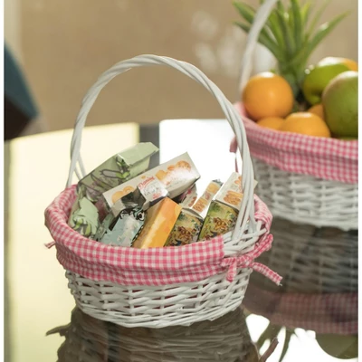 Wickerwise White Round Willow Gift Basket, With Gingham Liner And Handles 2 Wickerwise White Round Willow Gift Basket, With Gingham Liner And Handles - Image 2