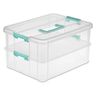 Sterilite Convenient Small Home 2-Tiered Layer Stack Carry Storage Box With Colored Accent Secure Latching Lid, Clear (4 Pack) 1 Sterilite Convenient Small Home 2-Tiered Layer Stack Carry Storage Box With Colored Accent Secure Latching Lid, Clear (4 Pack)