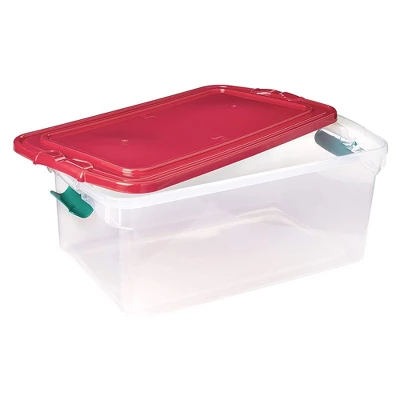 Homz 64 Quart Holiday Seasonal Decor Decoration Organizer Plastic Storage Bin Container With Red Tight Latching Lid And Green Handles, 6 Pack 2 Homz 64 Quart Holiday Seasonal Decor Decoration Organizer Plastic Storage Bin Container With Red Tight Latching Lid And Green Handles, 6 Pack - Image 2