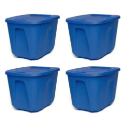 HOMZ 10-Gallon Stackable And Nestable Heavy Duty Plastic Storage Container Organizer Bin With 4 Way Handles, Capri Blue (8 Pack)