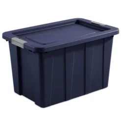 Sterilite Tuff1 30 Gallon Plastic Stackable Basement Garage Attic Storage Organizer Tote Container Bin With Latching Lid, Dark Indigo Blue (4 Pack)