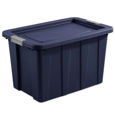 Sterilite Tuff1 30 Gallon Plastic Stackable Basement Garage Attic Storage Organizer Tote Container Bin With Latching Lid, Dark Indigo Blue (4 Pack) 1 Sterilite Tuff1 30 Gallon Plastic Stackable Basement Garage Attic Storage Organizer Tote Container Bin With Latching Lid, Dark Indigo Blue (4 Pack)