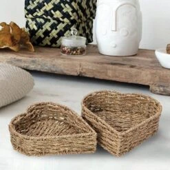 Household Essentials Set Of 2 Nesting Heart Baskets Seagrass