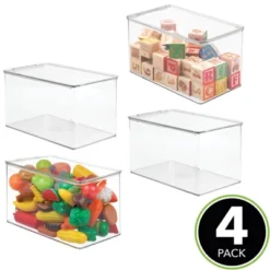 MDesign Plastic Stackable Closet Storage Bin Box With Lid, 4 Pack