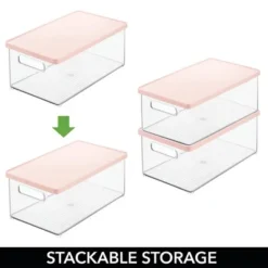 MDesign Plastic Storage Bin Box Container - Lid, Built-In Handles, Clear/Pink
