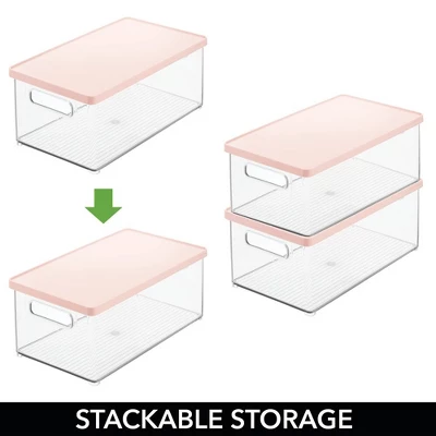 MDesign Plastic Storage Bin Box Container - Lid, Built-In Handles, Clear/Pink 1 MDesign Plastic Storage Bin Box Container - Lid, Built-In Handles, Clear/Pink