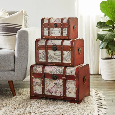 Juvale Set Of 3 Small Wooden Storage Trunks And Chests, Living Room Décor Suitcases With Antique Map Print For Jewelry, 3 Sizes 4 Juvale Set Of 3 Small Wooden Storage Trunks And Chests, Living Room Décor Suitcases With Antique Map Print For Jewelry, 3 Sizes - Image 4