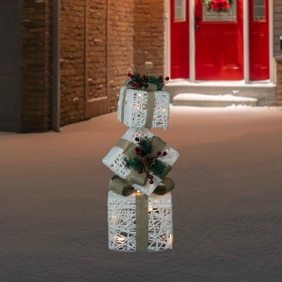 Northlight 25.25" LED Lighted White And Beige Stacked Gift Boxes Christmas Decoration 1 Northlight 25.25" LED Lighted White And Beige Stacked Gift Boxes Christmas Decoration