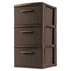Sterilite 3 Drawer Wicker Weave Decorative Storage Organization Container Cabinet Tower With Driftwood Handles, Espresso (4 Pack)