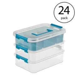 Sterilite Convenient Small Home 3-Tiered Layer Stacking Carry Storage Box With Colored Accent Secure Latches, Clear (24 Pack)