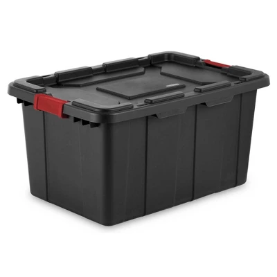 Sterilite 27-Gallon Large Stackable Rugged Storage Tote Container With Red Latching Clip Lid For Garage, Attic, Worksite, Or Camping, Black 6 Sterilite 27-Gallon Large Stackable Rugged Storage Tote Container With Red Latching Clip Lid For Garage, Attic, Worksite, Or Camping, Black - Image 6