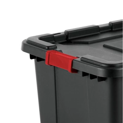 Sterilite 27-Gallon Large Stackable Rugged Storage Tote Container With Red Latching Clip Lid For Garage, Attic, Worksite, Or Camping, Black 2 Sterilite 27-Gallon Large Stackable Rugged Storage Tote Container With Red Latching Clip Lid For Garage, Attic, Worksite, Or Camping, Black - Image 2