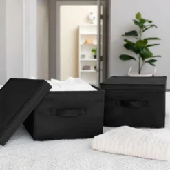 Household Essentials Set Of 2 Large Storage Boxes With Lids Black Linen