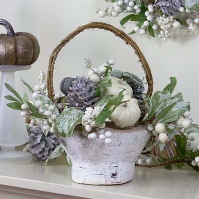 Northlight 13" Green And Gold Pumpkin And Leaves Artificial Thanksgiving Basket 1 Northlight 13" Green And Gold Pumpkin And Leaves Artificial Thanksgiving Basket