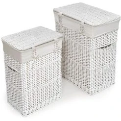 Wicker Two Hamper Set With Liners - White