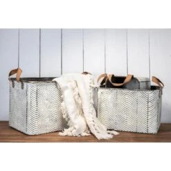 Set Of 3 Rustic Whitewashed Pattern Galvanized Metal Decorative Storage Bins With Faux Leather Handles - Foreside Home And Garden -IRIS Storage Deals Store GUEST b489611e 0865 42d1 8d48 7c4f12fe3afb
