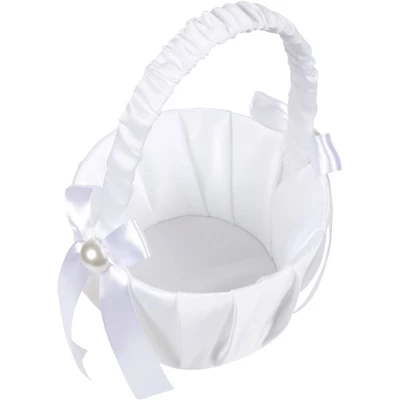 Juvale White Flower Girl Basket For Wedding Reception Rose Petals, Cute Satin Bowknot With Pearl Design (8.7 X 5.2 X 4.2 In) 5 Juvale White Flower Girl Basket For Wedding Reception Rose Petals, Cute Satin Bowknot With Pearl Design (8.7 X 5.2 X 4.2 In) - Image 5