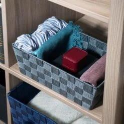 Home Basics Small Double Woven Polyester Strap Open Bin With Sturdy Steel Frame And Cut-out Handles, Grey