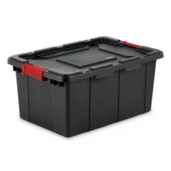 Sterilite 15 Gallon Stackable Industrial Tote With Latches, Tie Down Holes, And Indexed Lids For Heavy-Duty Storage Needs