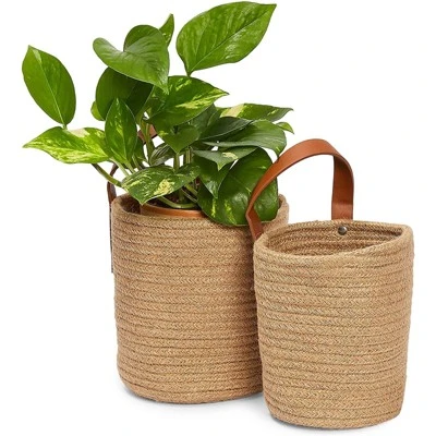 Farmlyn Creek 2 Pack Hanging Flower Planter Pots, Indoor Jute Woven Cotton Rope Plant Basket, Brown, 2 Sizes 2 Farmlyn Creek 2 Pack Hanging Flower Planter Pots, Indoor Jute Woven Cotton Rope Plant Basket, Brown, 2 Sizes - Image 2