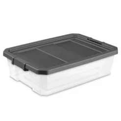 Sterilite 40 Quart Clear Plastic Modular Stacker Storage Bin Tote Containers With Latching Lids And Textured Sure-Grip Surfaces, Flat Gray