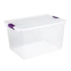 Sterilite 17571706 66-Quart ClearView Latch Box Storage Tote Container With Purple Handles For Home Or Office Organization, 12 Pack