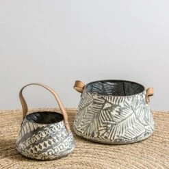 Set Of 2 Rustic Whitewashed Pattern Galvanized Metal Decorative Storage Baskets With Faux Leather Handles - Foreside Home And Garden -IRIS Storage Deals Store GUEST bc5ab12d 0b15 4744 8110 d85393ade175