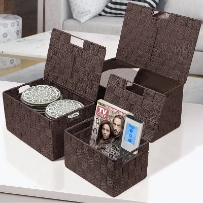 Sorbus 3pc Weave Stackable Basket Set Chocolate 3 Sorbus 3pc Weave Stackable Basket Set Chocolate - Image 3