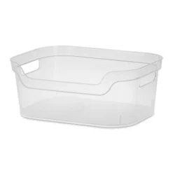 Sterilite 5.25x9.5x13 In Medium Polished Open Scoop Front Storage Bin W/ Comfortable Carry Through Handles For Household Organization, Clear