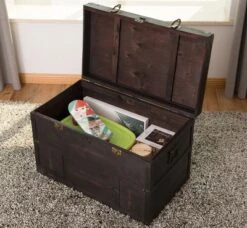 Vintiquewise Antique Style Large Dark Wooden Storage Trunk With Lockable Latch