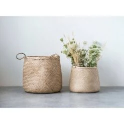 Set Of 2 Decorative Woven Seagrass Baskets With Handles Beige - Storied Home