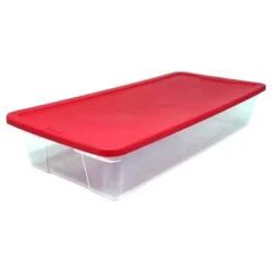 Homz 3421CLRDDC.02 Large 41 Quart Clear Plastic Under Bed Stackable Holiday Storage Container With Red Snap Lock Lid, 2 Pack