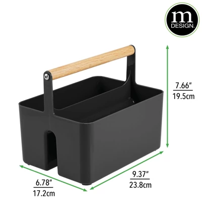 MDesign Plastic Tote, Divided Basket Bin With Wood Handle 2 MDesign Plastic Tote, Divided Basket Bin With Wood Handle - Image 2