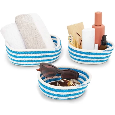 Farmlyn Creek 3 Pack Round Woven Storage Baskets, Blue And White Stripes (3 Sizes) 1 Farmlyn Creek 3 Pack Round Woven Storage Baskets, Blue And White Stripes (3 Sizes)