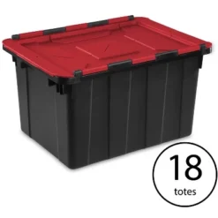 Sterilite 12 Gallon/45 Liter Hinged Lid Industrial Tote, Red Lid (18 Pack)