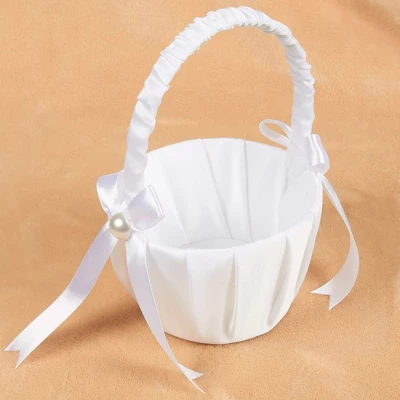 Juvale White Flower Girl Basket For Wedding Reception Rose Petals, Cute Satin Bowknot With Pearl Design (8.7 X 5.2 X 4.2 In) 2 Juvale White Flower Girl Basket For Wedding Reception Rose Petals, Cute Satin Bowknot With Pearl Design (8.7 X 5.2 X 4.2 In) - Image 2