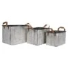 Set Of 3 Rustic Whitewashed Pattern Galvanized Metal Decorative Storage Bins With Faux Leather Handles - Foreside Home And Garden