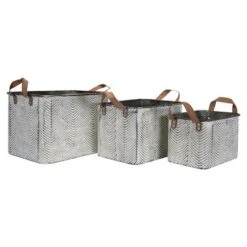 Set Of 3 Rustic Whitewashed Pattern Galvanized Metal Decorative Storage Bins With Faux Leather Handles - Foreside Home And Garden