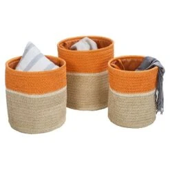 Honey-Can-Do Set Of 3 Paper Straw Baskets Sherbet And White
