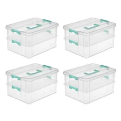 Sterilite Convenient Small Home 2-Tiered Layer Stack Carry Storage Box With Colored Accent Secure Latching Lid, Clear (8 Pack)