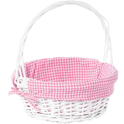 Wickerwise White Round Willow Gift Basket, With Gingham Liner And Handles 12 Wickerwise White Round Willow Gift Basket, With Gingham Liner And Handles - Image 12
