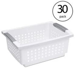 Sterilite Medium Sized Stackable Storage Bin And Organization Basket With Flip Down Accent Rails For Home And Household Organization, White (30 Pack)