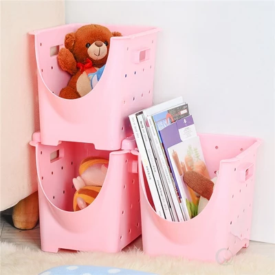 Basicwise Stackable Plastic Storage Container, Pink Stacking Bins 1 Basicwise Stackable Plastic Storage Container, Pink Stacking Bins