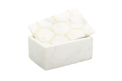 Classic Touch White Marble Decorative Box W/ Gold Hexagon Design On Cover 1 Classic Touch White Marble Decorative Box W/ Gold Hexagon Design On Cover