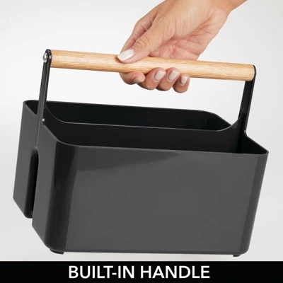 MDesign Plastic Tote, Divided Basket Bin With Wood Handle 4 MDesign Plastic Tote, Divided Basket Bin With Wood Handle - Image 4