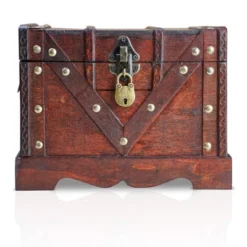 Brynnberg 9,4"x8,3"x7,1" Wooden Padlock Pirate Treasure Chest Storage Box - Handmade, Vintage