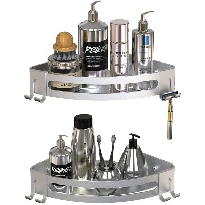GeekDigg 14" X 9" Triangular Aluminum Drill-Free Corner Shower Caddy With Razor Holder-2-Pack-Silver 2 GeekDigg 14" X 9" Triangular Aluminum Drill-Free Corner Shower Caddy With Razor Holder-2-Pack-Silver - Image 2